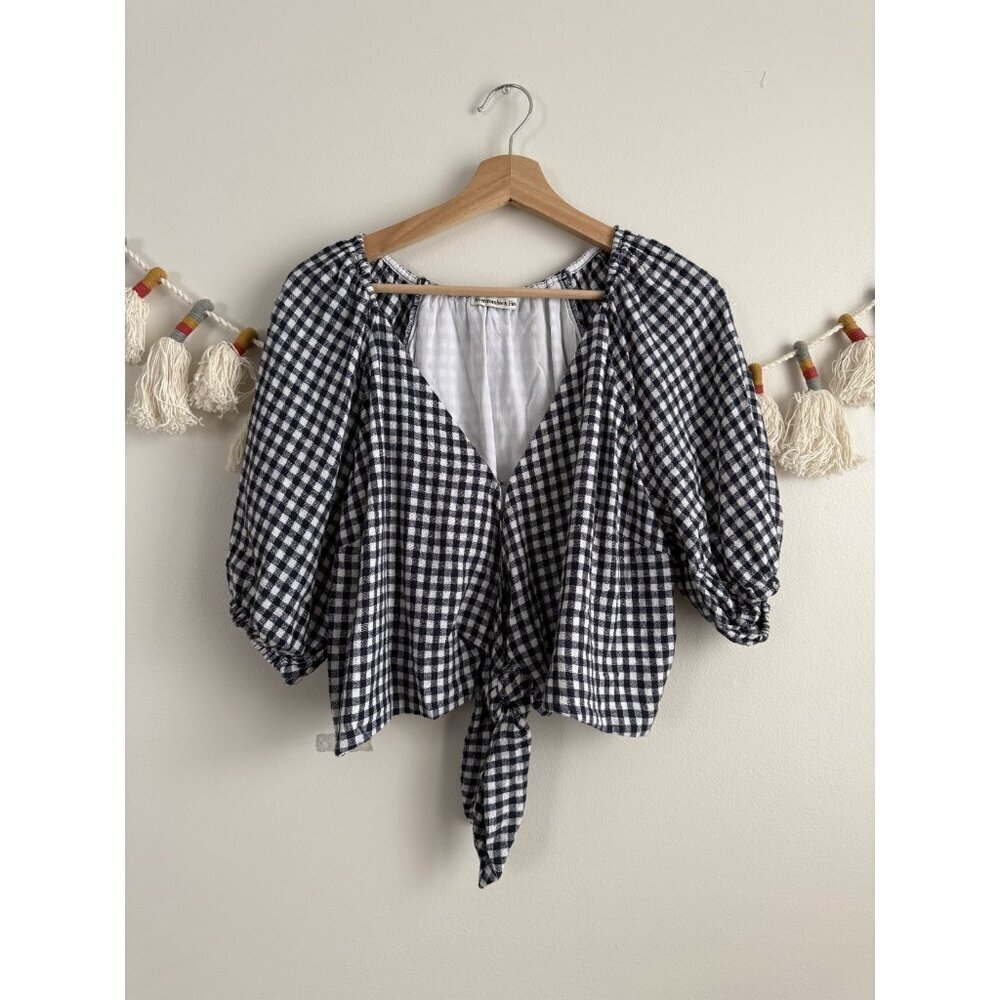 Abercrombie & Fitch Linen Gingham Puff Sleeve Tie Front Crop Top Preppy Coquette